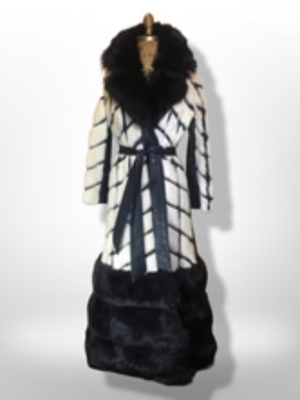 Women's Vintage Coat 60s Mink Fox Fur Mosaic Geometric Leather White Black
